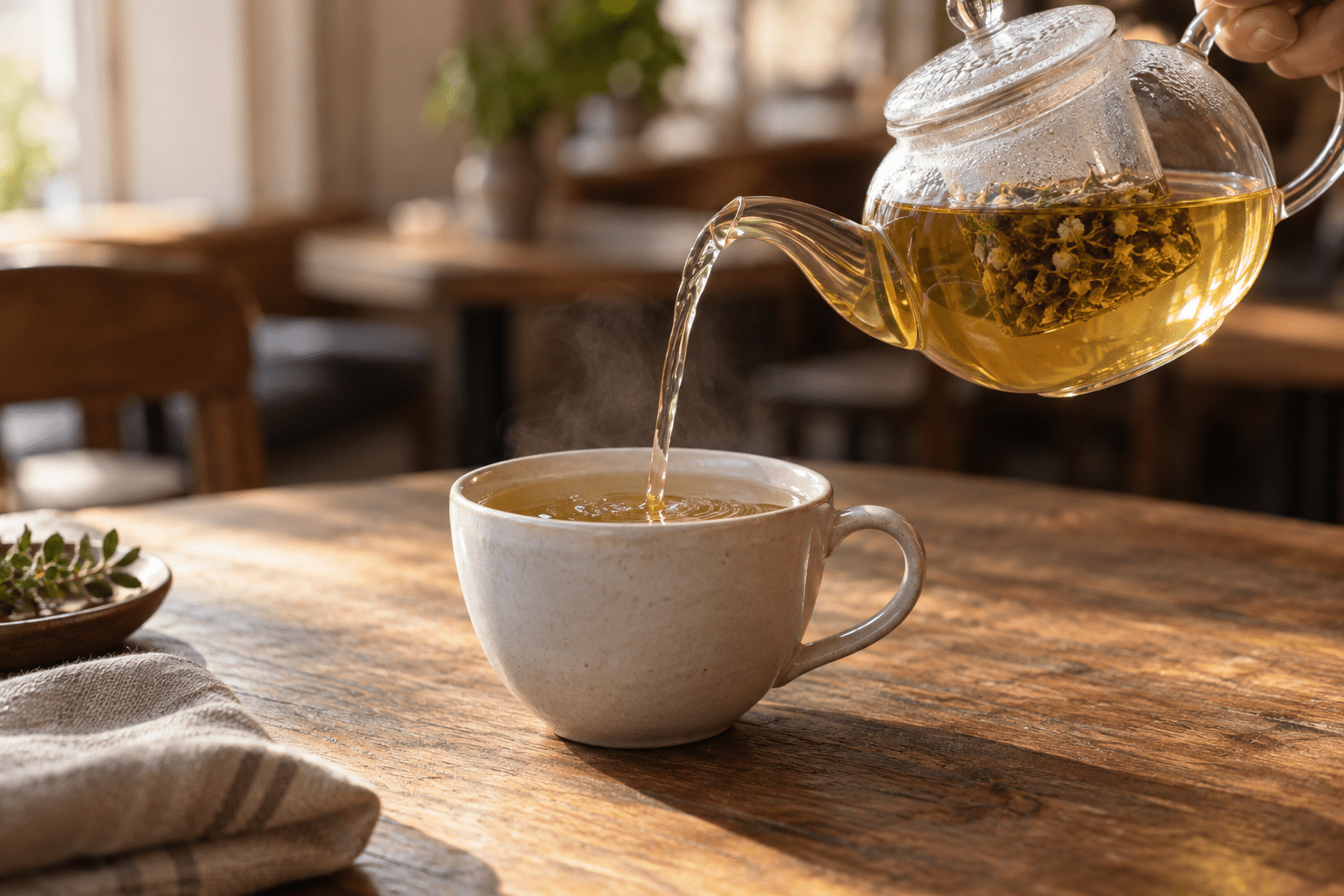 Une théière verse une infusion dorée dans une tasse