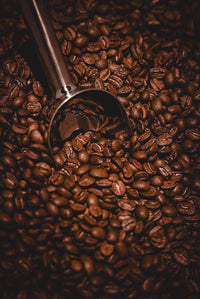 Grains de café torréfiés avec une cuillère doseuse en métal