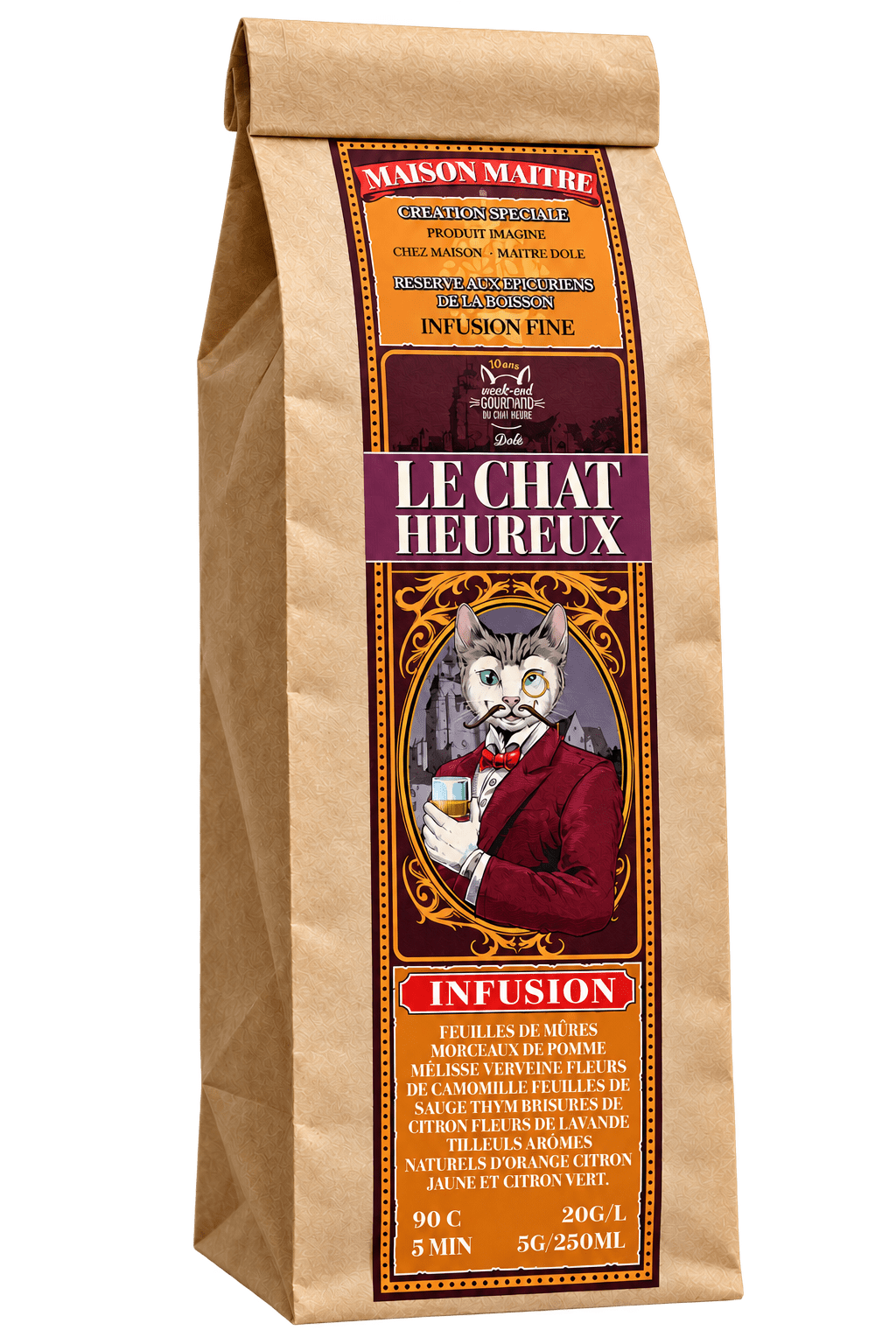 Le Chat Heureux, le sachet illustré de l’infusion Maison Maitre